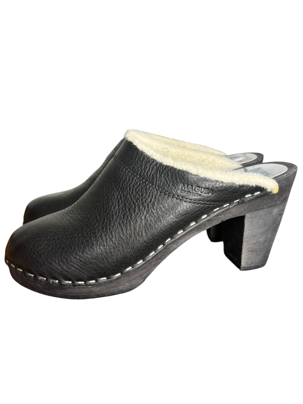 Maguba Swedish Black Leather Clogs Shearling Lining Mid-heel Wood Base 39 9-9.5